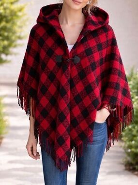 David + Young Red and Black Plaid Poncho Cape with Fringe